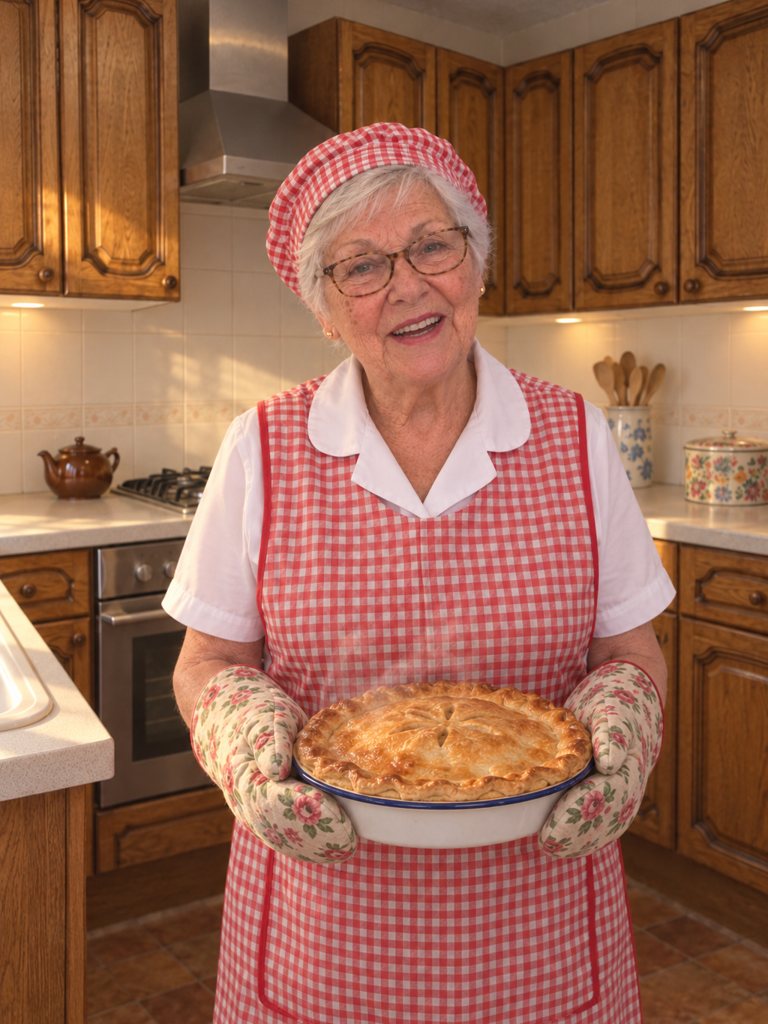 Pauline Haigh holding a pie in her kitchen